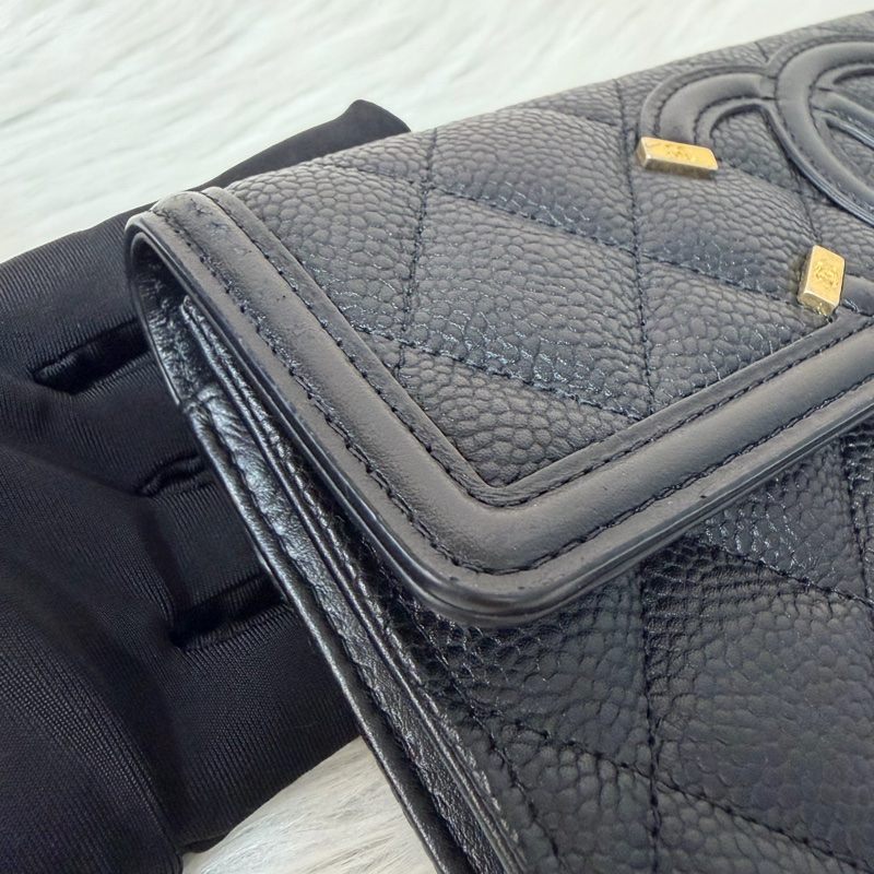 CHANEL A84448黑荔枝皮 大雙C金釦 掀蓋 釦式 長夾-13