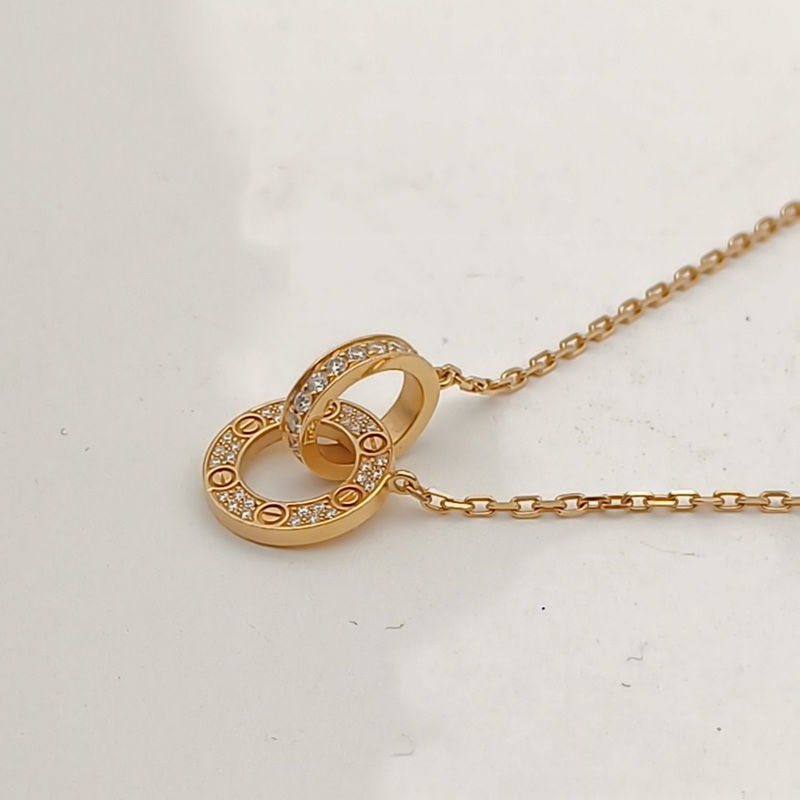 CARTIER LOVE雙環滿鑽項鏈餅環組合18K玫瑰金/鑽石-1