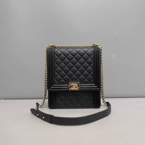 Chanel香奈兒leboy竪版大號黑金牛皮菱格包