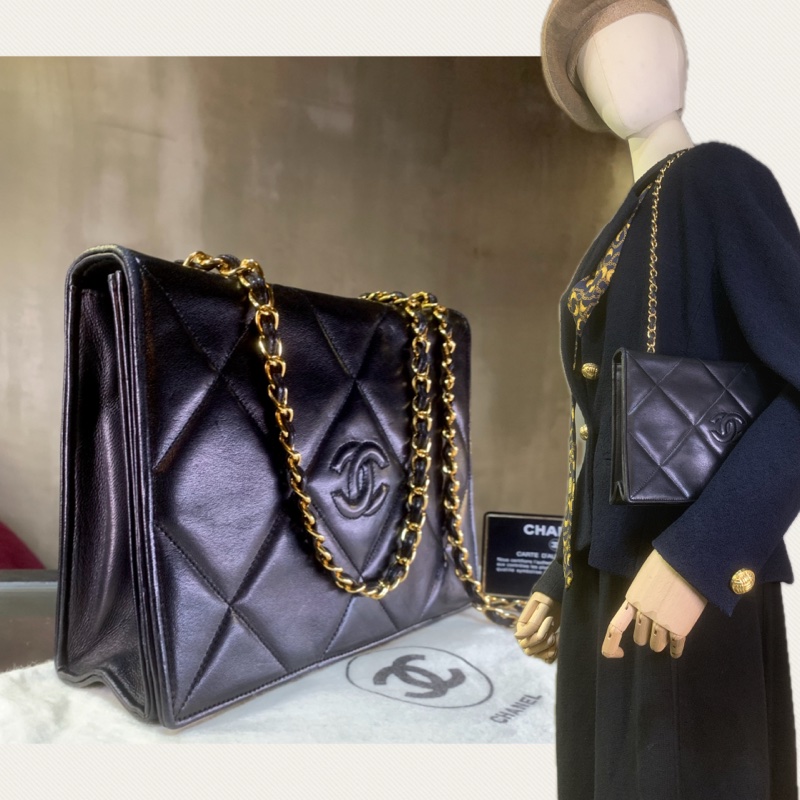 中古黑色羊皮CC標誌翻蓋包 Chanel Vintage Lambskin Diamond Quilted CC Logo Full Flap Bag-0