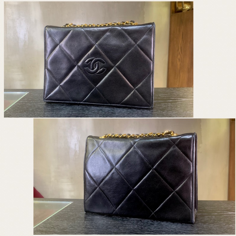 中古黑色羊皮CC標誌翻蓋包 Chanel Vintage Lambskin Diamond Quilted CC Logo Full Flap Bag-1