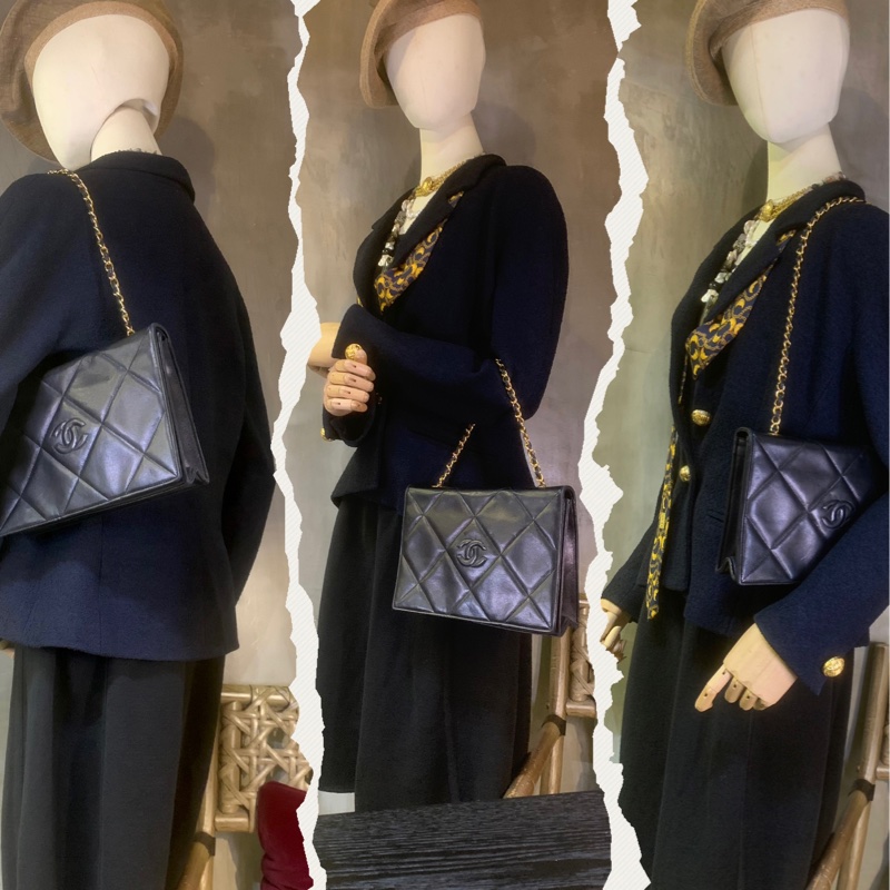 中古黑色羊皮CC標誌翻蓋包 Chanel Vintage Lambskin Diamond Quilted CC Logo Full Flap Bag-7