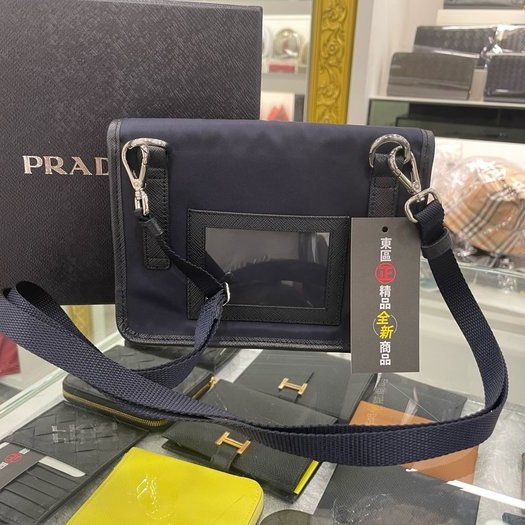 東區正精品㊣PRADA 2ZH108 全新藍色尼龍銀三角牌釦式迷你翻蓋小手機包肩背包斜背包 RA1523-6