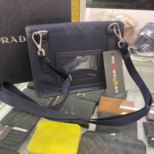 東區正精品㊣PRADA 2ZH108 全新藍色尼龍銀三角牌釦式迷你翻蓋小手機包肩背包斜背包 RA1523-7