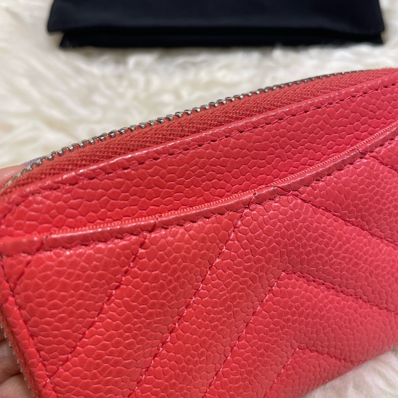 Chanel 牛皮橙紅色V 紋咭包-4