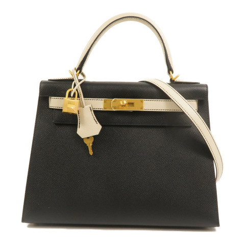 HERMES Epsom皮革Kelly 28 SPO手挽肩背兩用袋Noir/Craie