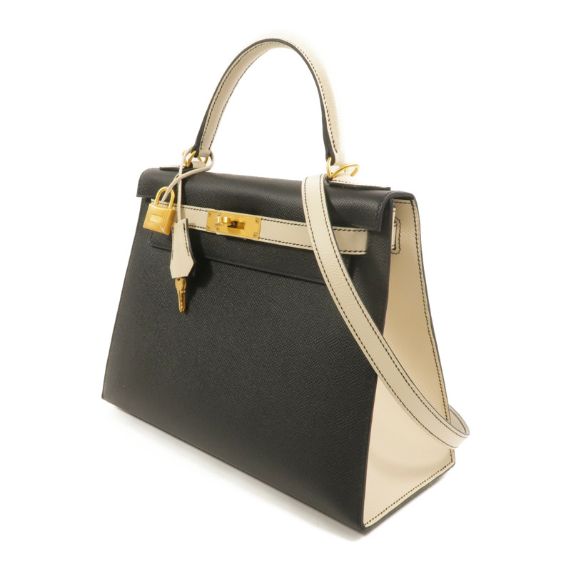 HERMES Epsom皮革Kelly 28 SPO手挽肩背兩用袋Noir/Craie-2