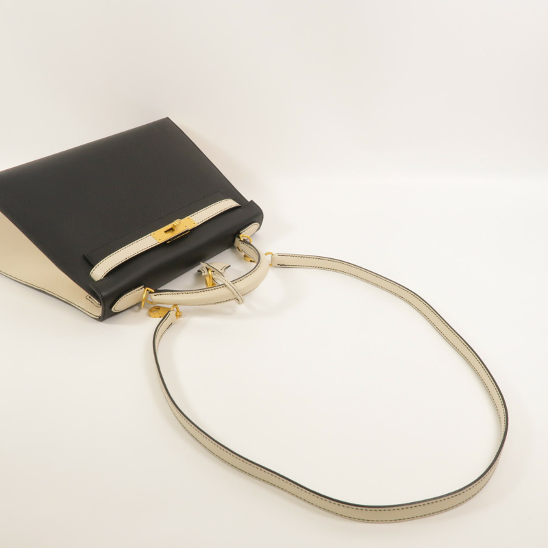 HERMES Epsom皮革Kelly 28 SPO手挽肩背兩用袋Noir/Craie-7