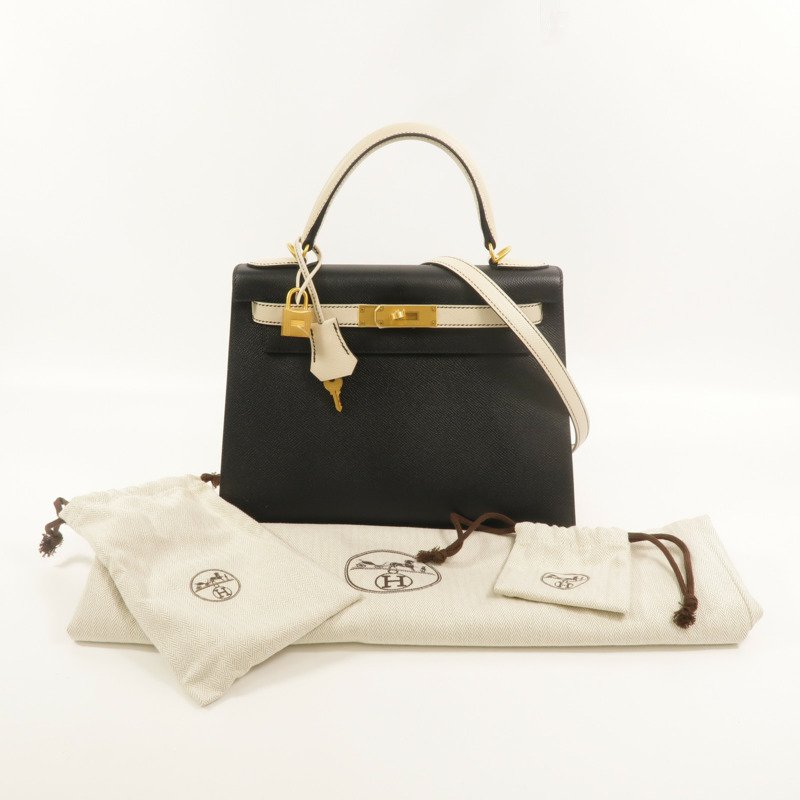 HERMES Epsom皮革Kelly 28 SPO手挽肩背兩用袋Noir/Craie-11