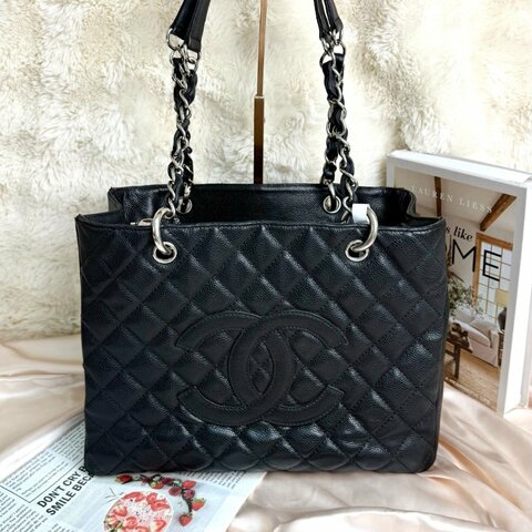 Chanel GST 手袋 黑色 菱格紋 牛皮 中號 銀鏈