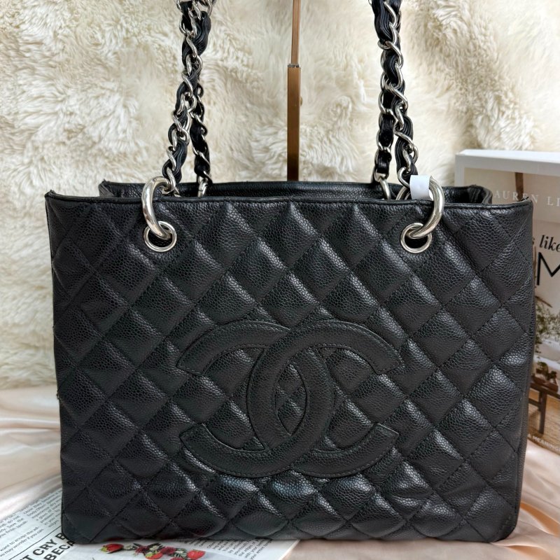 Chanel GST 手袋 黑色 菱格紋 牛皮 中號 銀鏈-1