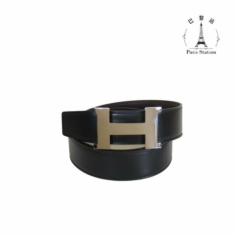 【巴黎站二手名牌專賣店】＊現貨＊HERMES 愛馬仕 真品＊D刻 經典黑咖雙面用銀釦皮帶 90CM