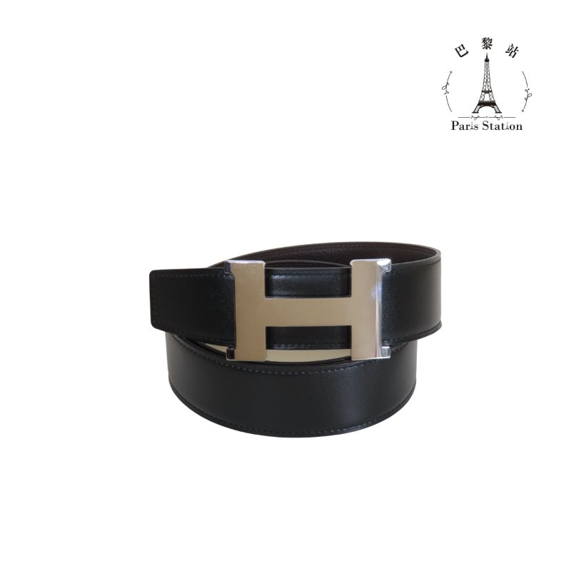 【巴黎站二手名牌專賣店】＊現貨＊HERMES 愛馬仕 真品＊D刻 經典黑咖雙面用銀釦皮帶 90CM-0