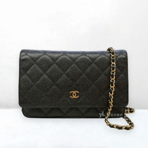 A13176-CHANEL 黑色荔枝牛皮金釦WOC鏈包A33814-0