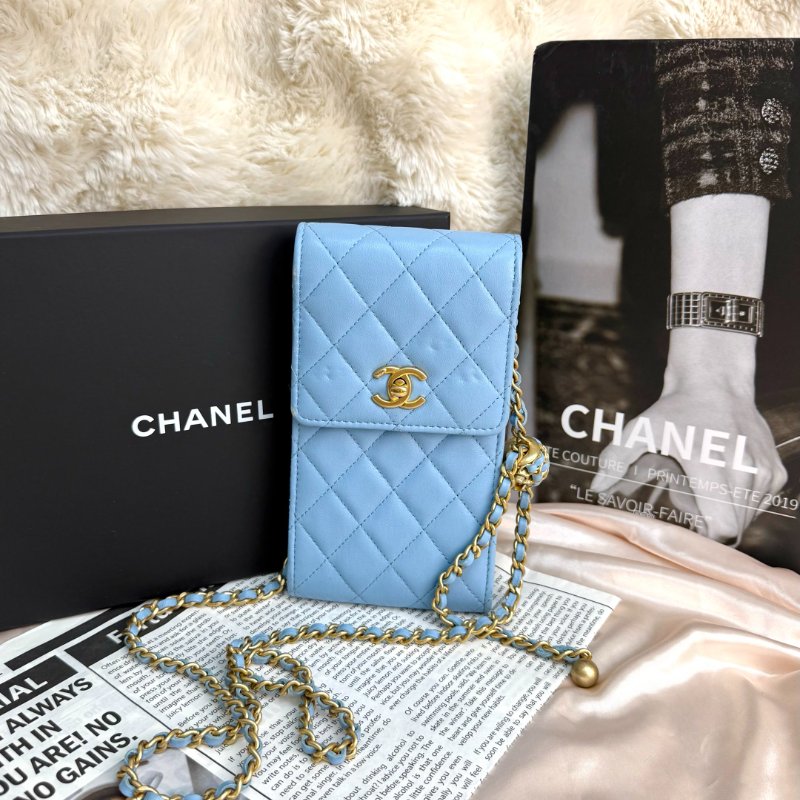 Chanel 手機包 藍色 菱格紋 羊皮 金球 金扣-0