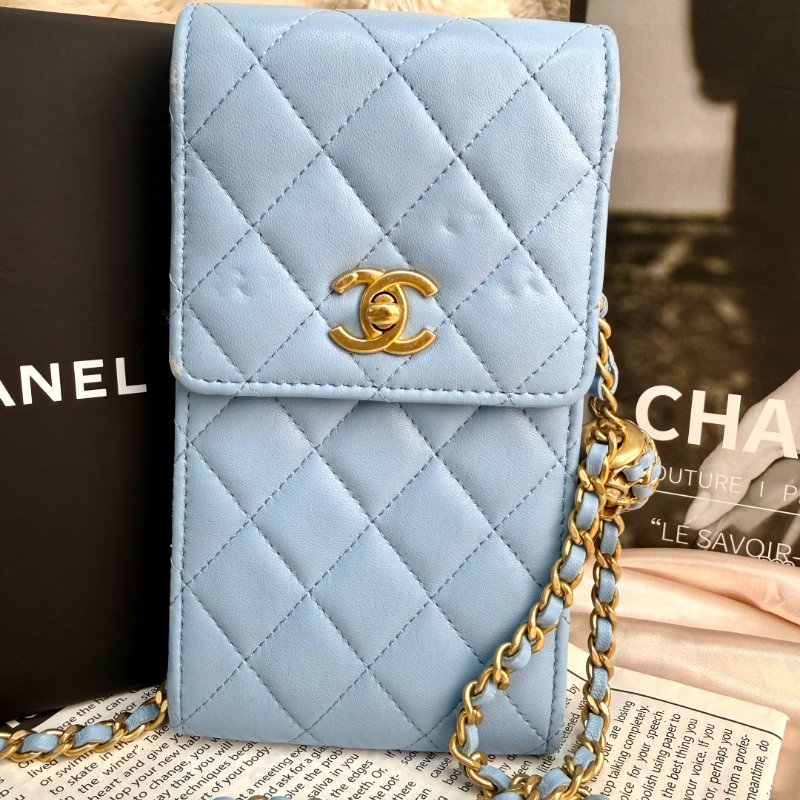 Chanel 手機包 藍色 菱格紋 羊皮 金球 金扣-1