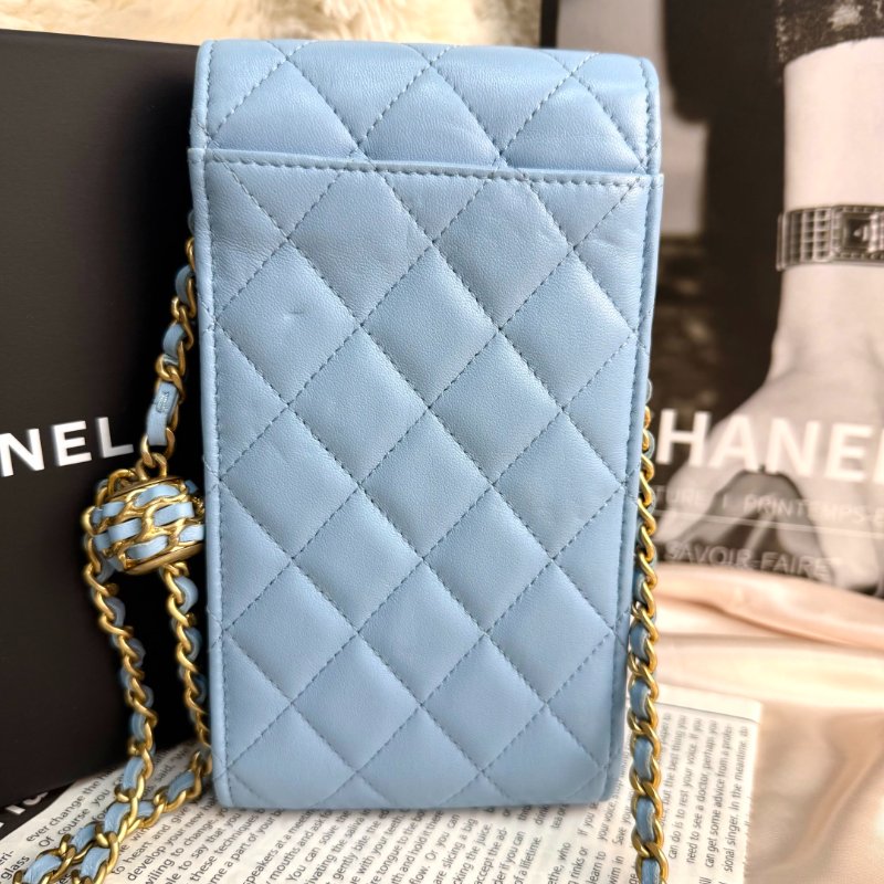 Chanel 手機包 藍色 菱格紋 羊皮 金球 金扣-2