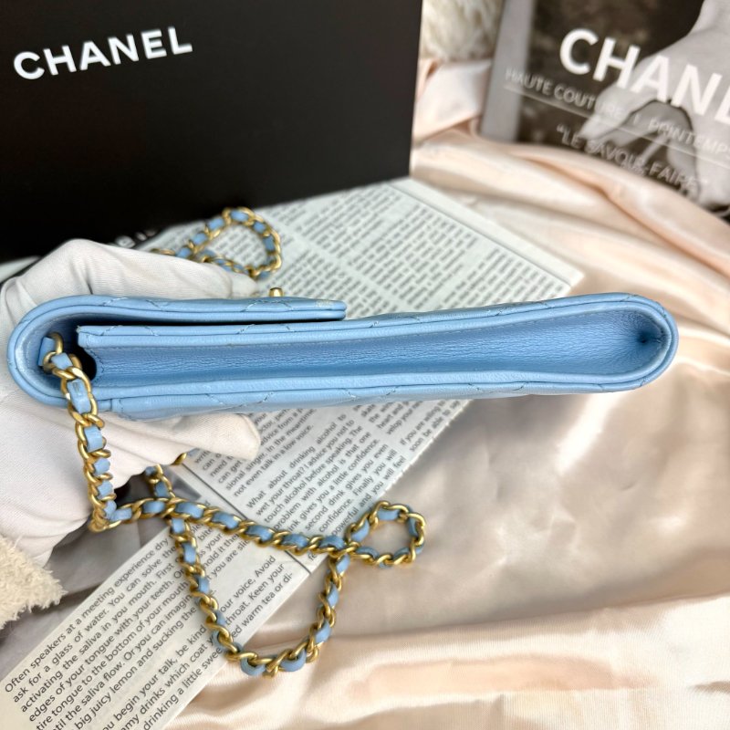 Chanel 手機包 藍色 菱格紋 羊皮 金球 金扣-3