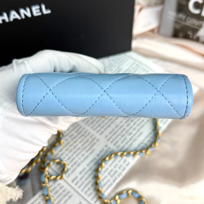 Chanel 手機包 藍色 菱格紋 羊皮 金球 金扣-4