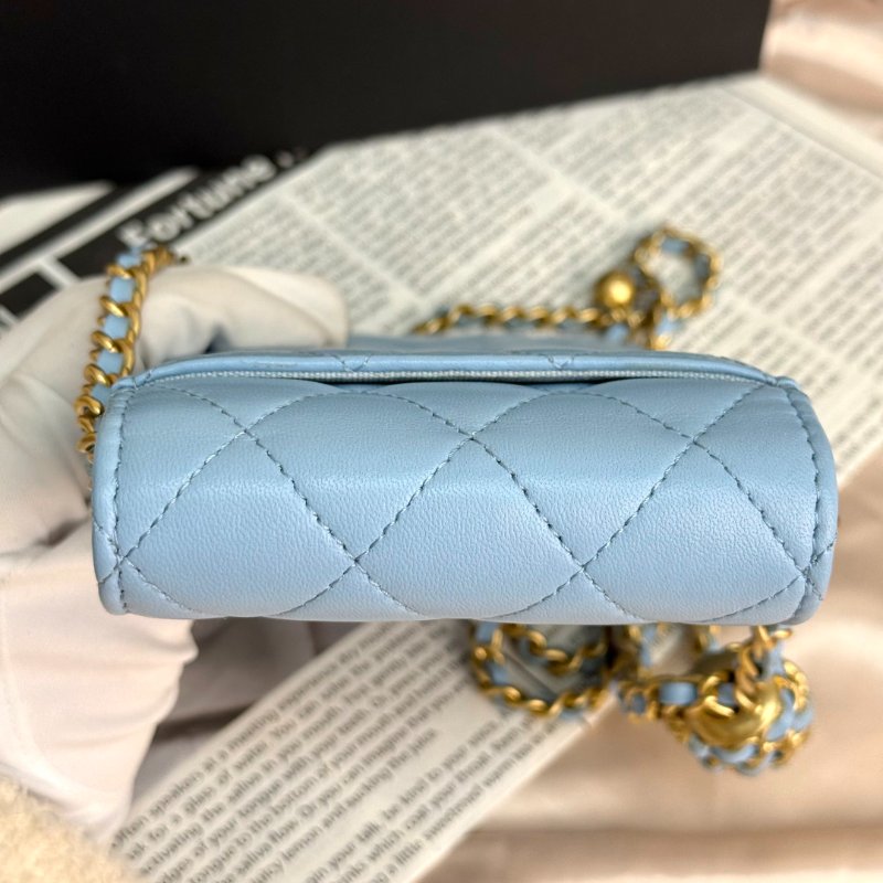 Chanel 手機包 藍色 菱格紋 羊皮 金球 金扣-5