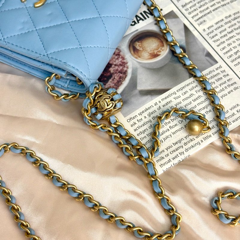 Chanel 手機包 藍色 菱格紋 羊皮 金球 金扣-6