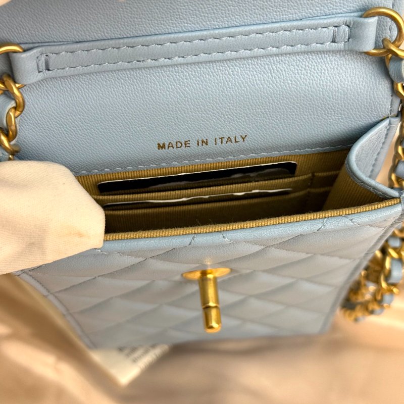Chanel 手機包 藍色 菱格紋 羊皮 金球 金扣-7