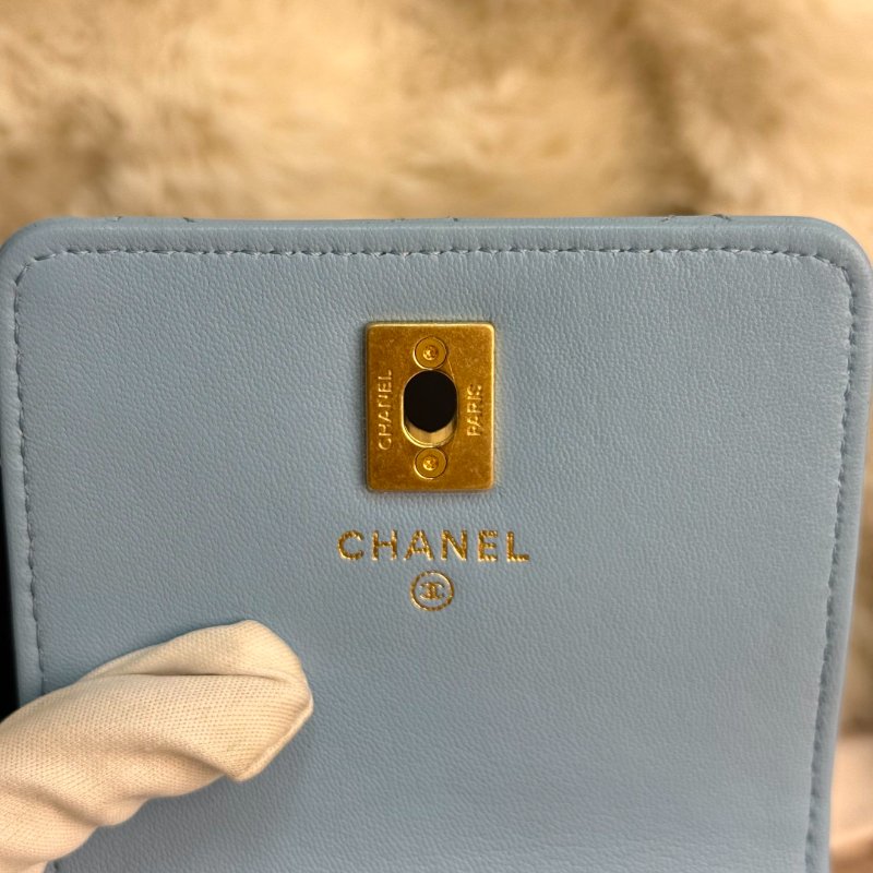 Chanel 手機包 藍色 菱格紋 羊皮 金球 金扣-8