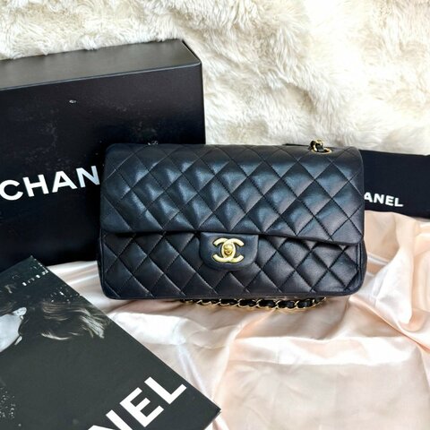 Chanel CLASSIC FLAP CF 黑色 菱格紋 羊皮 中號 金扣