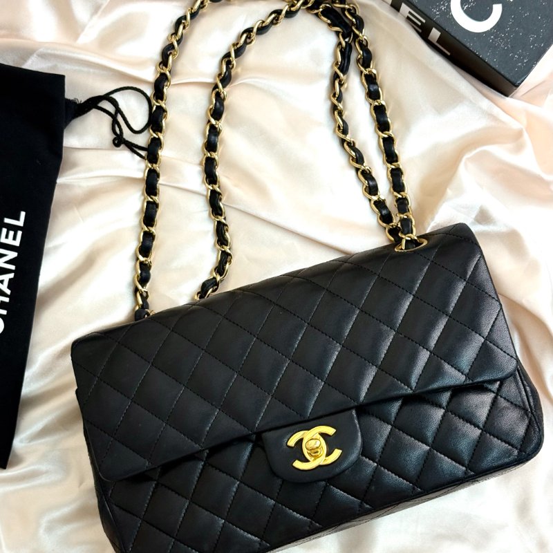 Chanel CLASSIC FLAP CF 黑色 菱格紋 羊皮 中號 金扣-3