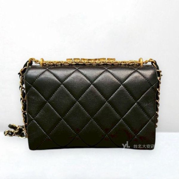A13181-Chanel 黑色羊皮菱格鑲鑽字母logo手提 mini下蓋鏈包AS3240-3