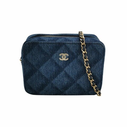 Chanel 牛皮帆布菱格紋雙C Logo拉鍊斜背包單肩包