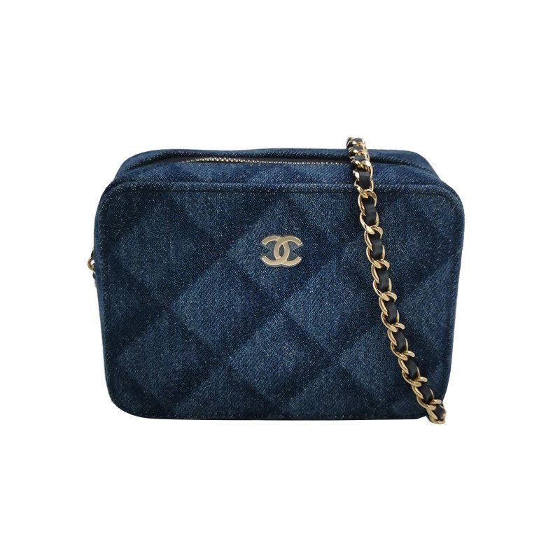 Chanel 牛皮帆布菱格紋雙C Logo拉鍊斜背包單肩包-0