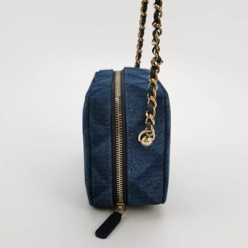 Chanel 牛皮帆布菱格紋雙C Logo拉鍊斜背包單肩包-2