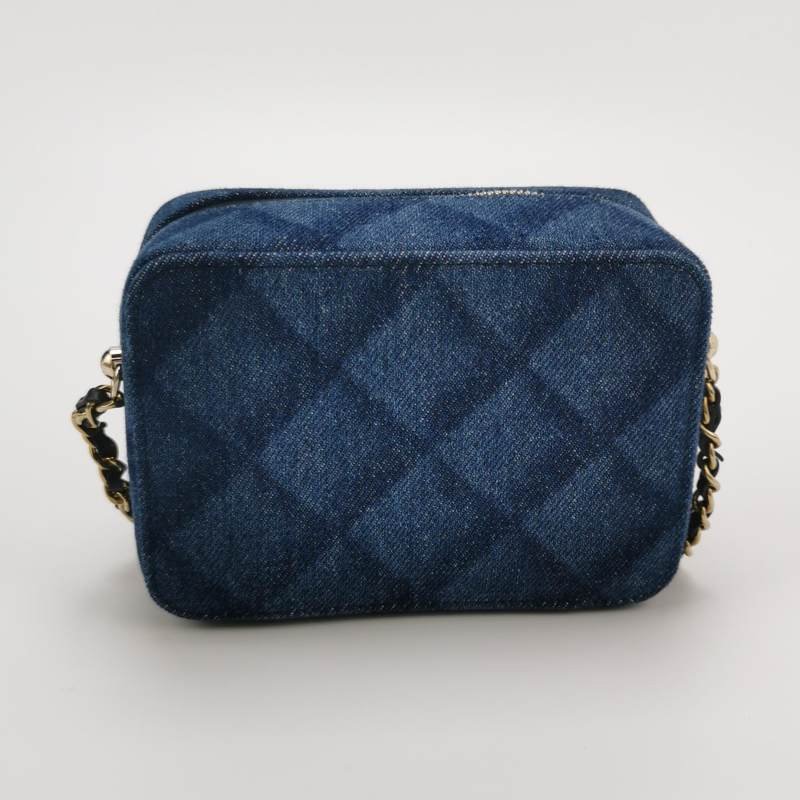 Chanel 牛皮帆布菱格紋雙C Logo拉鍊斜背包單肩包-4