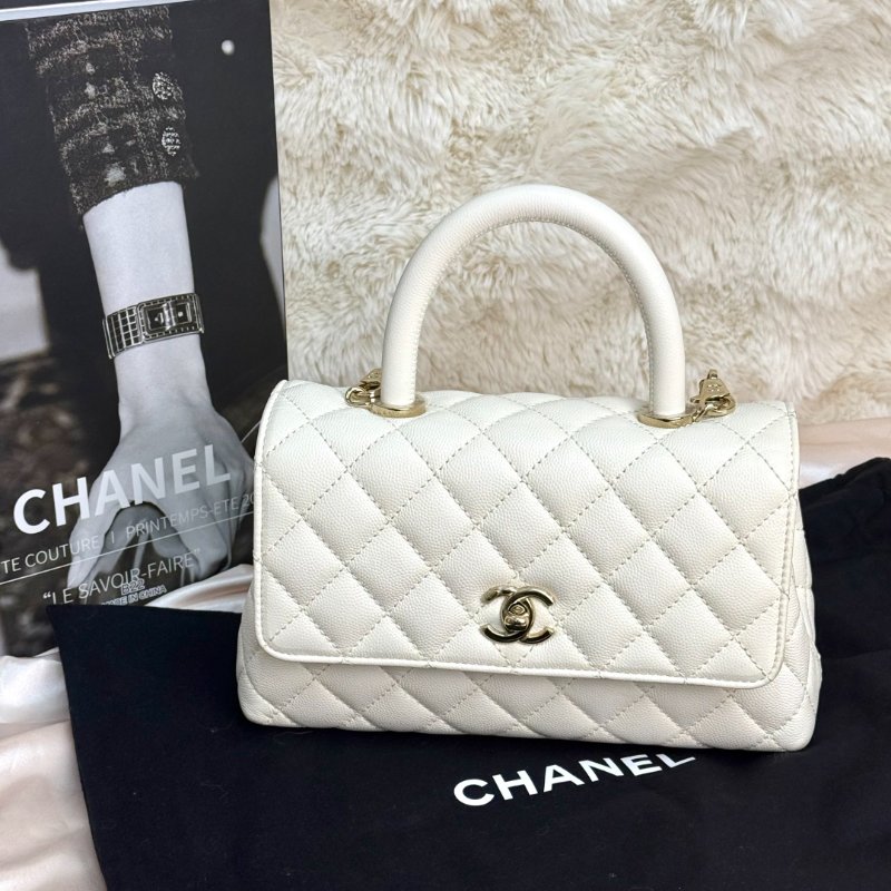 Chanel COCO HANDLE 白色 菱格紋 荔枝牛皮 小號 金扣 芯片-0