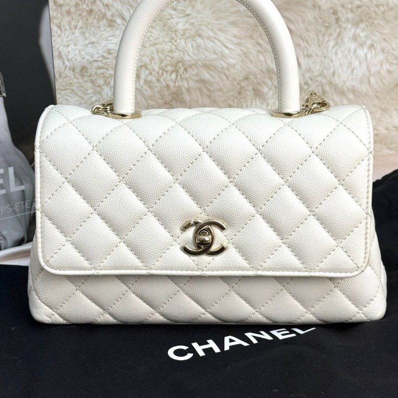 Chanel COCO HANDLE 白色 菱格紋 荔枝牛皮 小號 金扣 芯片-1