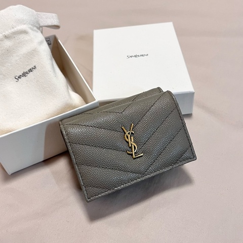 全新｜Saint Laurent Paris YSL 聖羅蘭 魚子醬牛皮短夾 灰棕色 札幌購入