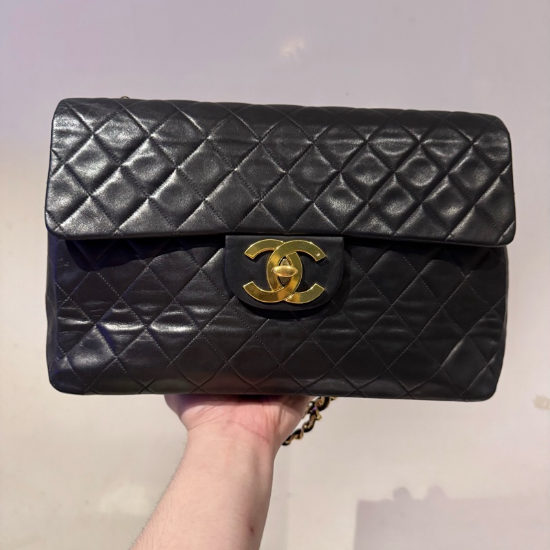 22弄 Chanel vintage maxi 古董包 黑金 羊皮 貝嫂包 34公分-0