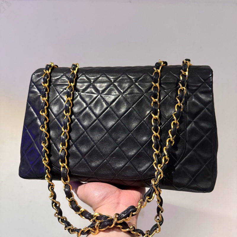 22弄 Chanel vintage maxi 古董包 黑金 羊皮 貝嫂包 34公分-8
