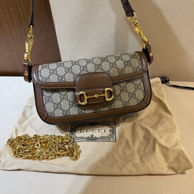 Gucci古馳 Horsebit 1955 金色 馬銜扣鏈條雙肩帶  法棍包腋下包 可單肩斜挎 底長23.5-1