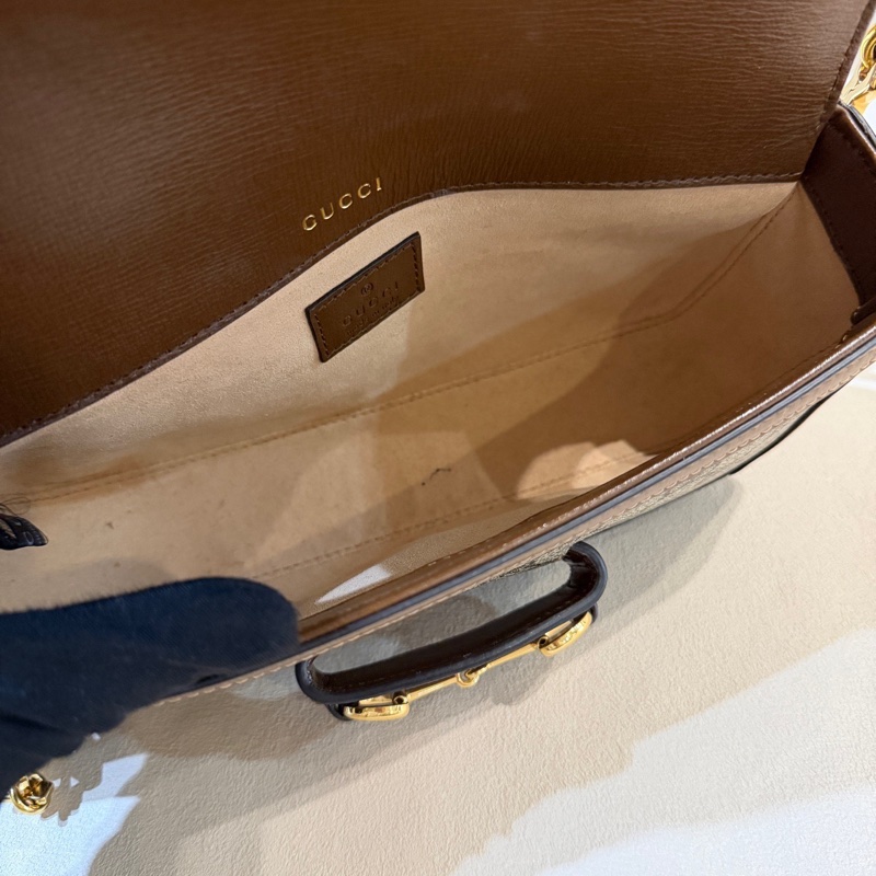 Gucci古馳 Horsebit 1955 金色 馬銜扣鏈條雙肩帶  法棍包腋下包 可單肩斜挎 底長23.5-6