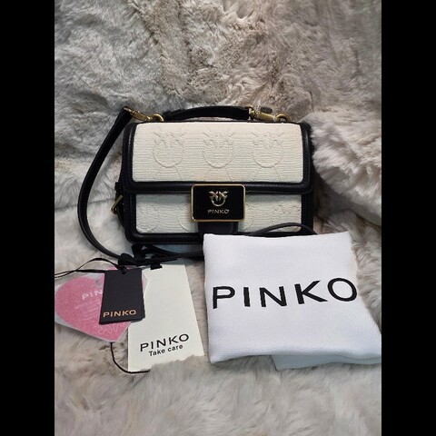 PINKO 義大利經典燕子包 帆布緹花 黑白 側背包 肩背包