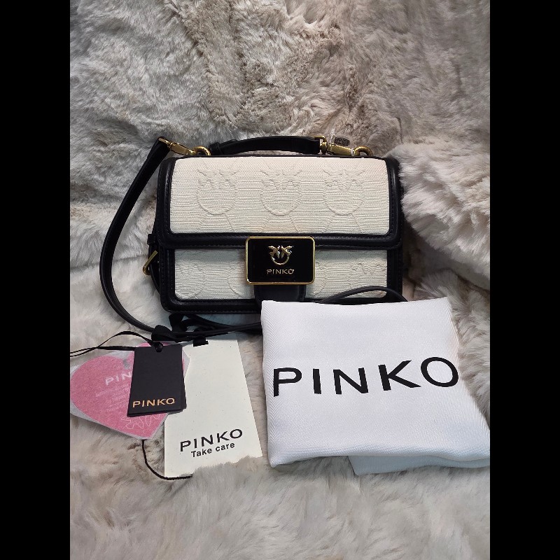 PINKO 義大利經典燕子包 帆布緹花 黑白 側背包 肩背包-0