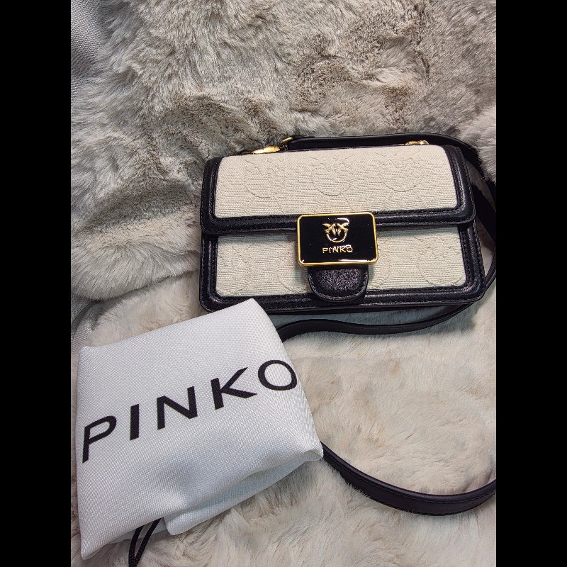 PINKO 義大利經典燕子包 帆布緹花 黑白 側背包 肩背包-1