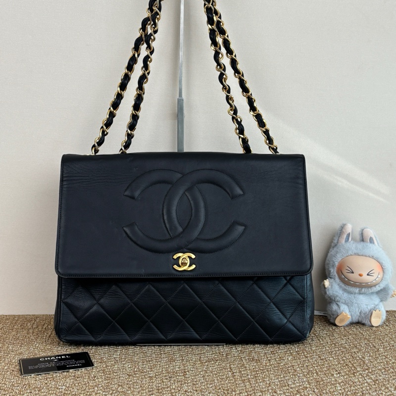 Chanel 貝嫂包 黑金浮雕LOGO拼菱格 羊皮 鏈條包 2開有卡-1