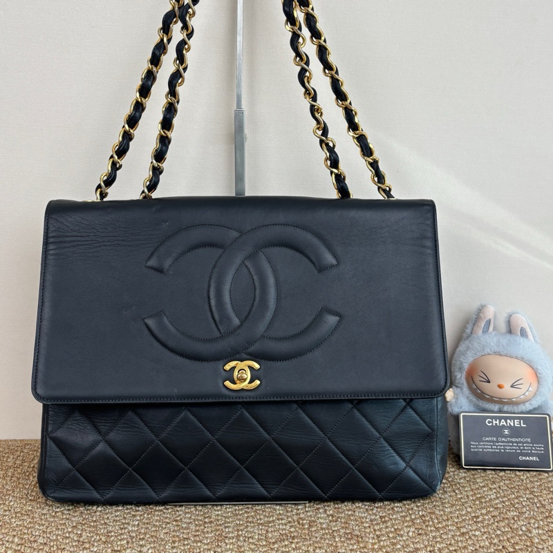 Chanel 貝嫂包 黑金浮雕LOGO拼菱格 羊皮 鏈條包 2開有卡-2
