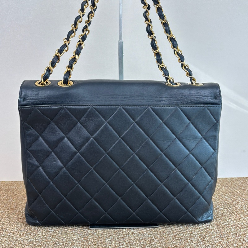 Chanel 貝嫂包 黑金浮雕LOGO拼菱格 羊皮 鏈條包 2開有卡-5