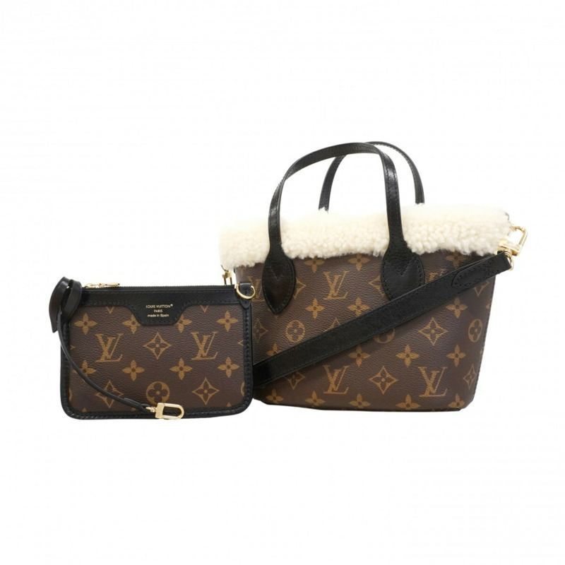 路易威登 Monogram Shearling Neverfull Inside Out BB 手提包 M26315 棕白色兩用包，女士款-0