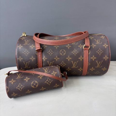 【狀況良好】Louis Vuitton 路易威登 LV 老花紅皮30cm圓桶子母包手提單肩包