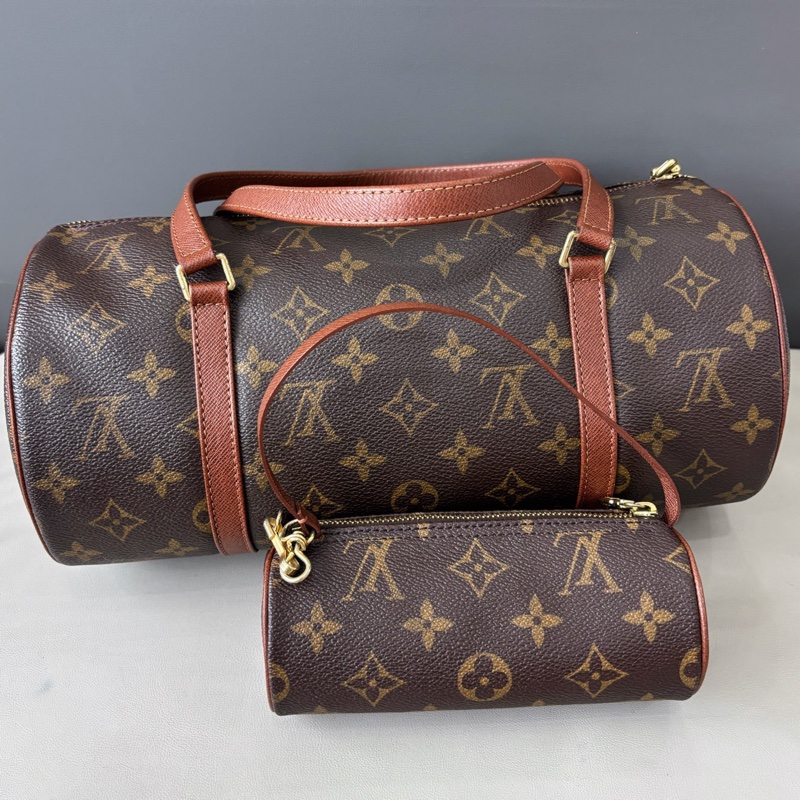 【狀況良好】Louis Vuitton 路易威登 LV 老花紅皮30cm圓桶子母包手提單肩包-2